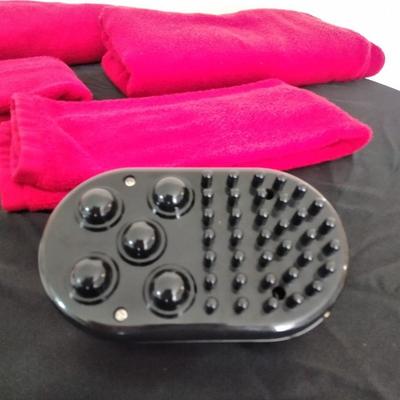 Red room essential bath towels, white washcloths with Lady bug themed massager