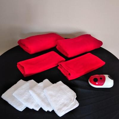 Red room essential bath towels, white washcloths with Lady bug themed massager