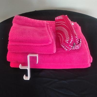 Bath towels, Washcloth, makeup / RX bag, and an over the door hanger hook