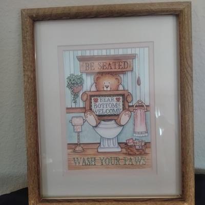 Framed bathroom wall art, Two rugs, Bath towels, washcloth and hand towels