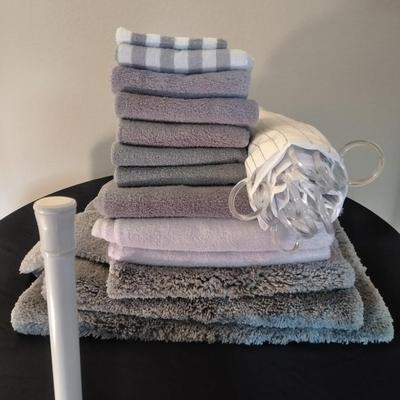 Three-piece Grey Bath rug set, Shower curtain with rod, and Bathroom Towel set