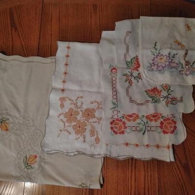 Vintage Embroidered Table linens runners and cloths