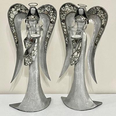Pair (2) ~ Tall Metal With Cracked Glass Wings Angels ~ Votive Holders