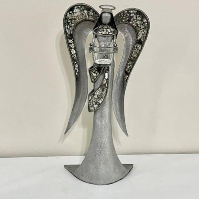 Pair (2) ~ Tall Metal With Cracked Glass Wings Angels ~ Votive Holders