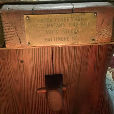 Lot 537  Antique Ship Hatch Table - Plaque reads: Hatch cover from USS Mazuma 1942-1976 ADYâ€™s Studio, Baltimore MD