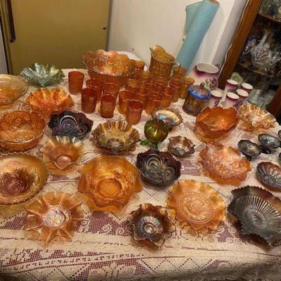 Very old and colorfully iridescent Carnival glass and amethyst
