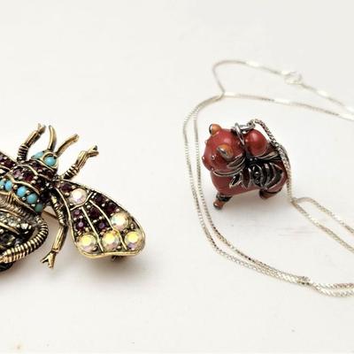 Lot #70  Jewelry Lot - 1980's Jeanne Bug Brooch and Sterling/Carnelian Cat Necklace