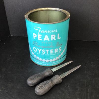 609 McNasby Oyster Co. Pearl Brand Gallon Oyster Can & Knives