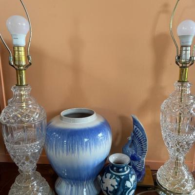Blue and white pottery and lamps