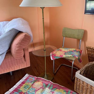 Vintage lamp table, chair and rag rugs