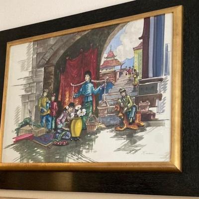Large Asian Framed Watercolor By Artist F.Gardner