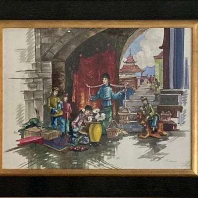 Large Asian Framed Watercolor By Artist F.Gardner