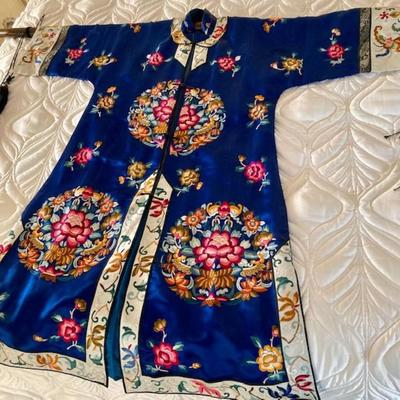 Vintage Blue Kimono With Wooden Post For Mounting