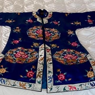 Vintage Blue Kimono With Wooden Post For Mounting