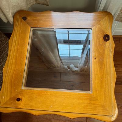 Pair Wooden Glass Top Side Tables