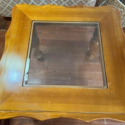 Pair Wooden Glass Top Side Tables