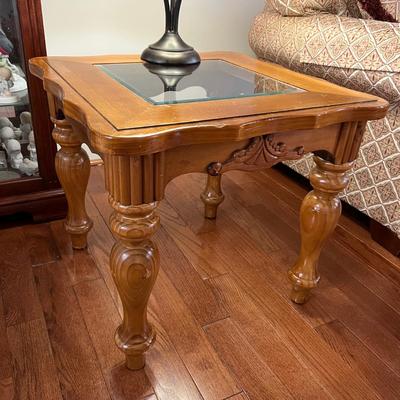 Pair Wooden Glass Top Side Tables