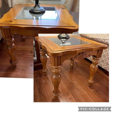 Pair Wooden Glass Top Side Tables