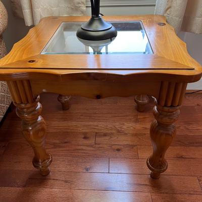 Pair Wooden Glass Top Side Tables