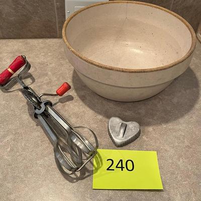 Crock Bowl & Vintage Egg Beater