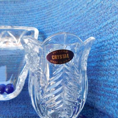 BEAUTIFUL ASSORTMENT OF LEAD CRYSTAL ITEMS, SOME BLUE MARBLES AND A TOUCH OF SILVER PLATE