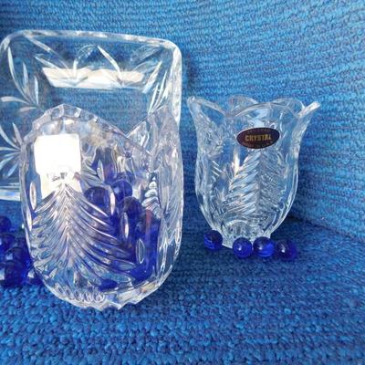BEAUTIFUL ASSORTMENT OF LEAD CRYSTAL ITEMS, SOME BLUE MARBLES AND A TOUCH OF SILVER PLATE