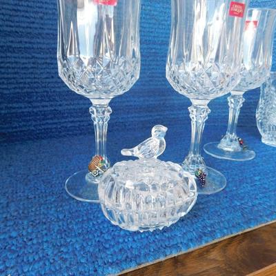 BEAUTIFUL ASSORTMENT OF LEAD CRYSTAL ITEMS, SOME BLUE MARBLES AND A TOUCH OF SILVER PLATE