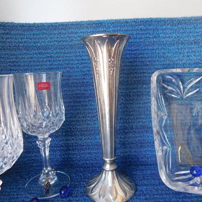 BEAUTIFUL ASSORTMENT OF LEAD CRYSTAL ITEMS, SOME BLUE MARBLES AND A TOUCH OF SILVER PLATE