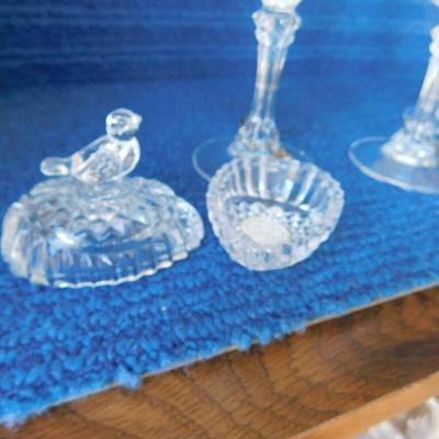 BEAUTIFUL ASSORTMENT OF LEAD CRYSTAL ITEMS, SOME BLUE MARBLES AND A TOUCH OF SILVER PLATE