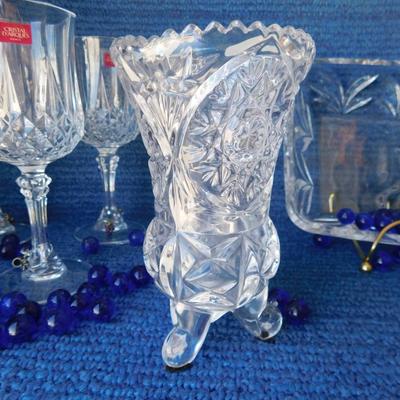 BEAUTIFUL ASSORTMENT OF LEAD CRYSTAL ITEMS, SOME BLUE MARBLES AND A TOUCH OF SILVER PLATE