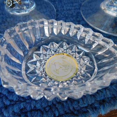 BEAUTIFUL ASSORTMENT OF LEAD CRYSTAL ITEMS, SOME BLUE MARBLES AND A TOUCH OF SILVER PLATE