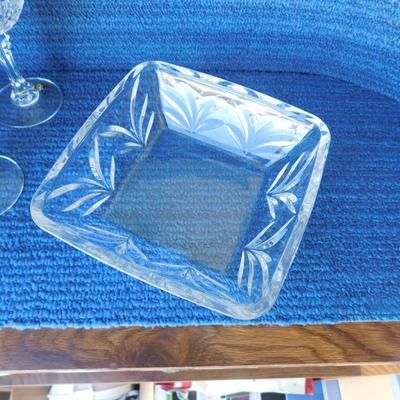 BEAUTIFUL ASSORTMENT OF LEAD CRYSTAL ITEMS, SOME BLUE MARBLES AND A TOUCH OF SILVER PLATE