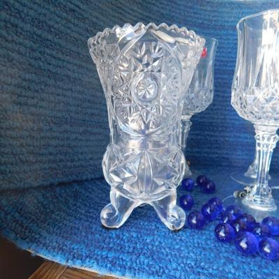 BEAUTIFUL ASSORTMENT OF LEAD CRYSTAL ITEMS, SOME BLUE MARBLES AND A TOUCH OF SILVER PLATE