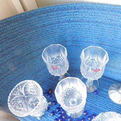BEAUTIFUL ASSORTMENT OF LEAD CRYSTAL ITEMS, SOME BLUE MARBLES AND A TOUCH OF SILVER PLATE