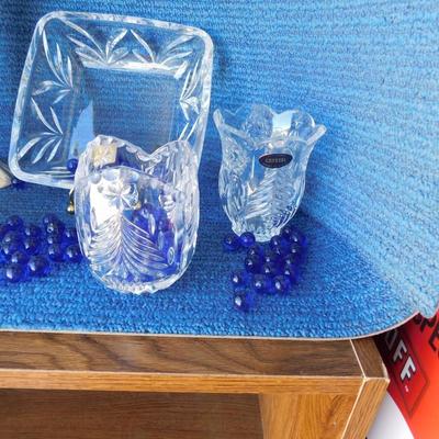 BEAUTIFUL ASSORTMENT OF LEAD CRYSTAL ITEMS, SOME BLUE MARBLES AND A TOUCH OF SILVER PLATE