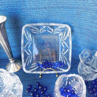BEAUTIFUL ASSORTMENT OF LEAD CRYSTAL ITEMS, SOME BLUE MARBLES AND A TOUCH OF SILVER PLATE
