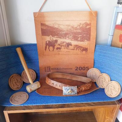 VINTAGE LITTLE BUCKAROO BELT AND BUCKLE, LEATHER HAMMER AND MORE LEATHER ITEMS