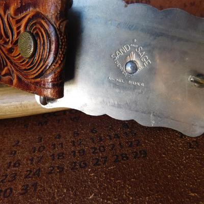 VINTAGE LITTLE BUCKAROO BELT AND BUCKLE, LEATHER HAMMER AND MORE LEATHER ITEMS