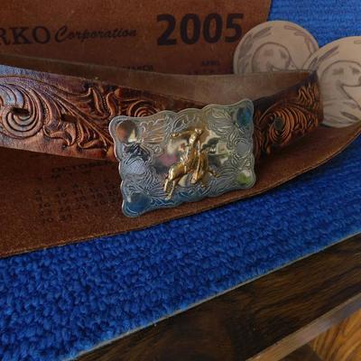 VINTAGE LITTLE BUCKAROO BELT AND BUCKLE, LEATHER HAMMER AND MORE LEATHER ITEMS