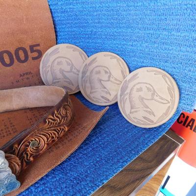 VINTAGE LITTLE BUCKAROO BELT AND BUCKLE, LEATHER HAMMER AND MORE LEATHER ITEMS