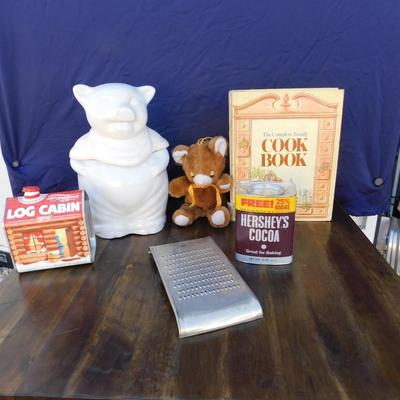 BLAST FROM THE PAST WITH ALL VINTAGE ITEMS, COOKIE JAR, LOG CABIN, HERSHEYS, TEDDY AND COOKBOOK