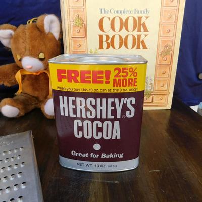BLAST FROM THE PAST WITH ALL VINTAGE ITEMS, COOKIE JAR, LOG CABIN, HERSHEYS, TEDDY AND COOKBOOK