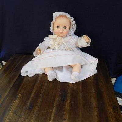 1974 EFFANBEE DOLL WITH ORIGINAL CLOTHING AND NEAT OLD VINTAGE WOODEN HIGH CHAIR