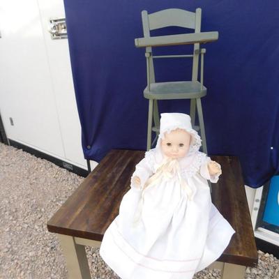 1974 EFFANBEE DOLL WITH ORIGINAL CLOTHING AND NEAT OLD VINTAGE WOODEN HIGH CHAIR