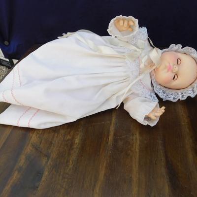 1974 EFFANBEE DOLL WITH ORIGINAL CLOTHING AND NEAT OLD VINTAGE WOODEN HIGH CHAIR