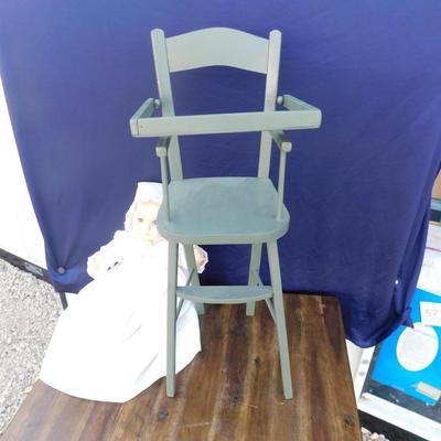 1974 EFFANBEE DOLL WITH ORIGINAL CLOTHING AND NEAT OLD VINTAGE WOODEN HIGH CHAIR