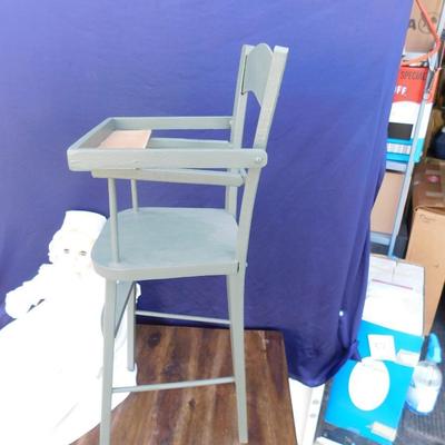 1974 EFFANBEE DOLL WITH ORIGINAL CLOTHING AND NEAT OLD VINTAGE WOODEN HIGH CHAIR