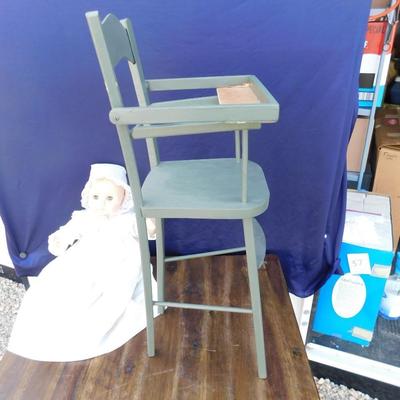 1974 EFFANBEE DOLL WITH ORIGINAL CLOTHING AND NEAT OLD VINTAGE WOODEN HIGH CHAIR