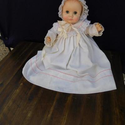 1974 EFFANBEE DOLL WITH ORIGINAL CLOTHING AND NEAT OLD VINTAGE WOODEN HIGH CHAIR