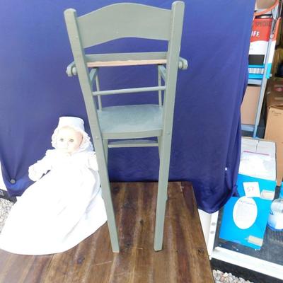 1974 EFFANBEE DOLL WITH ORIGINAL CLOTHING AND NEAT OLD VINTAGE WOODEN HIGH CHAIR